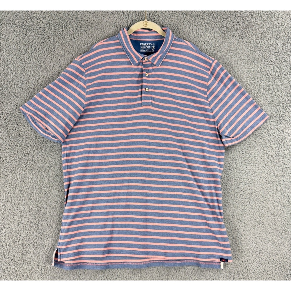 Faherty Isle Polo Mens XXL Blue Pink Stripe 100% Cotton Short Sleeve MKU2263